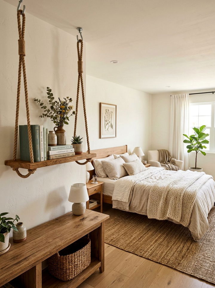 Suspended Wood Shelf - 30 bedroom hanging storage ideas