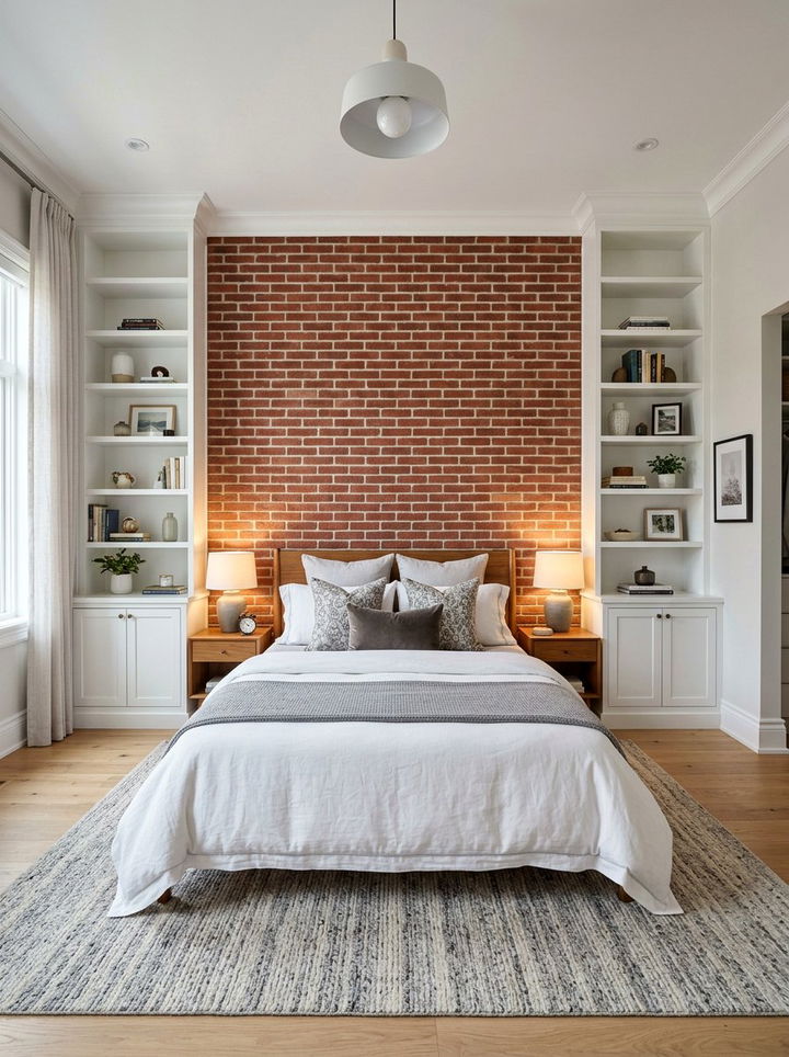 Symmetrical Brick Accent Wall - 30 bedroom brick wall ideas