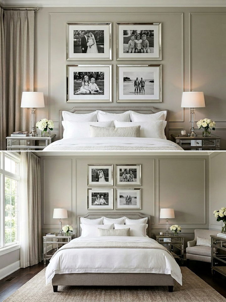 Symmetrical frame arrangement - 30 bedroom memory wall ideas
