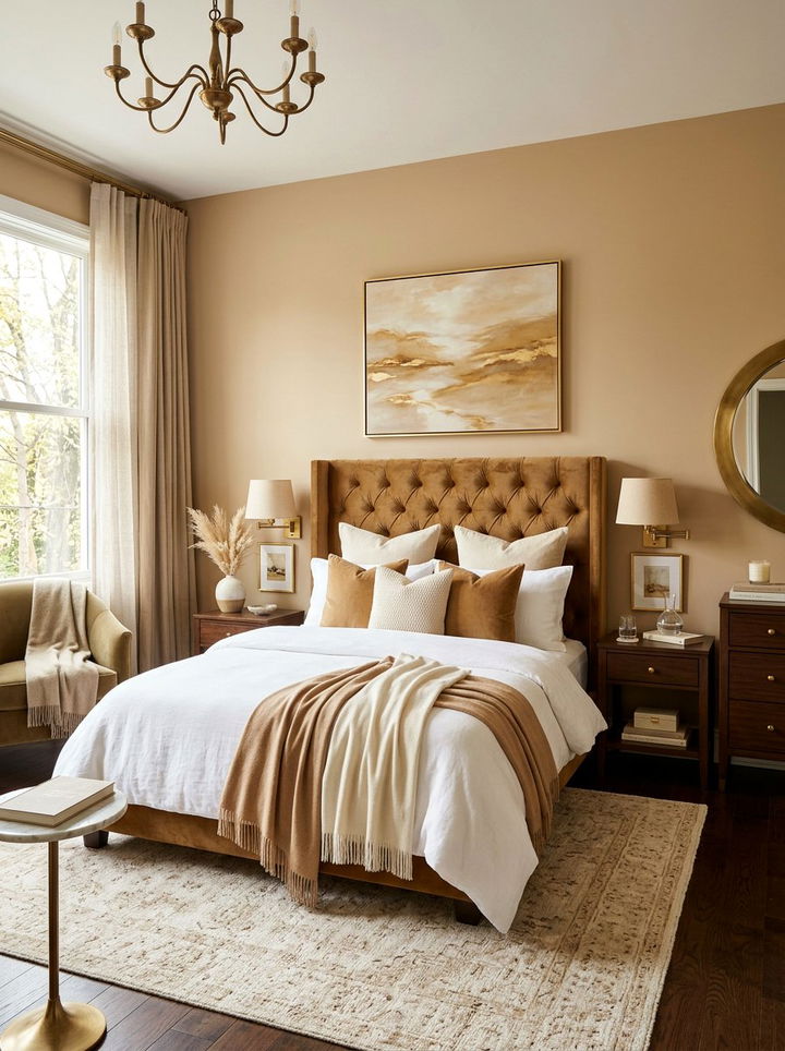 Tan Bedroom With Velvet Headboard - 30 warm tan bedroom ideas