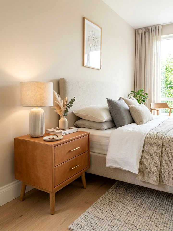 Tan Leather Bedside Table - 30 leather bedroom ideas
