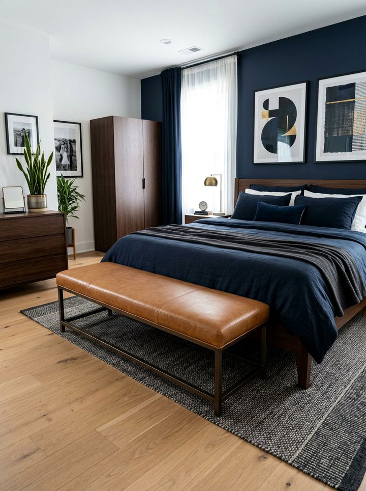 Tan leather bench - 30 brown bedroom ideas