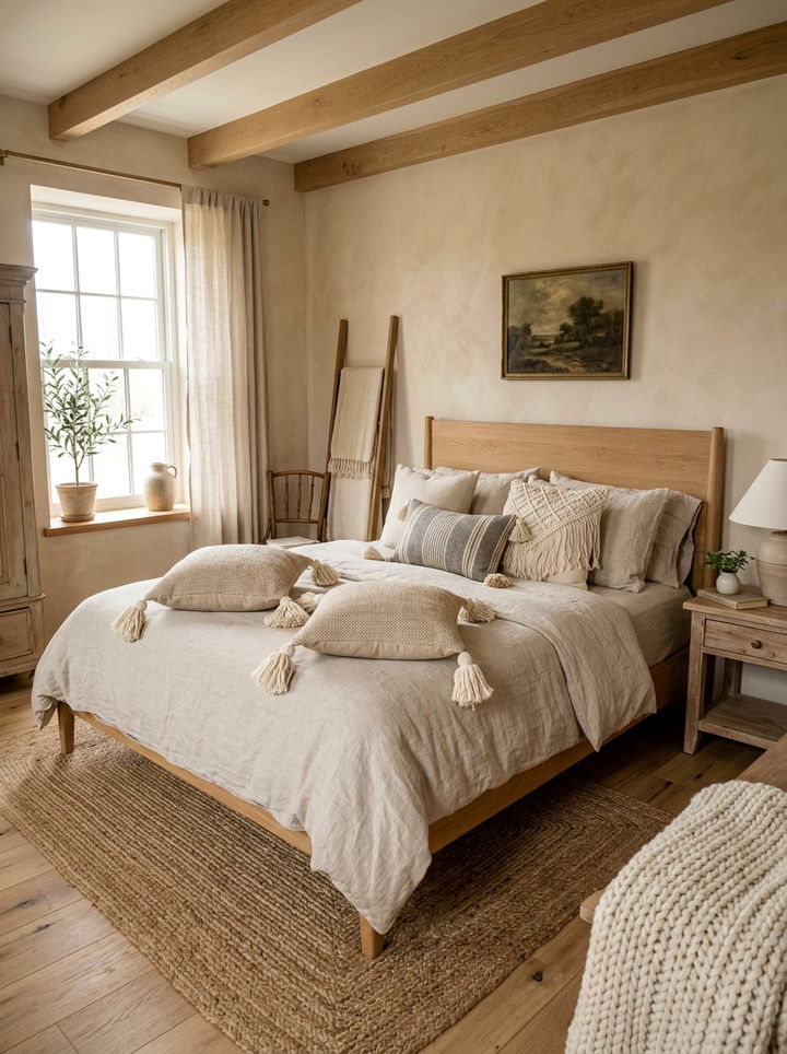 Tasseled Throw Pillow - 30 farmhouse beige bedroom ideas