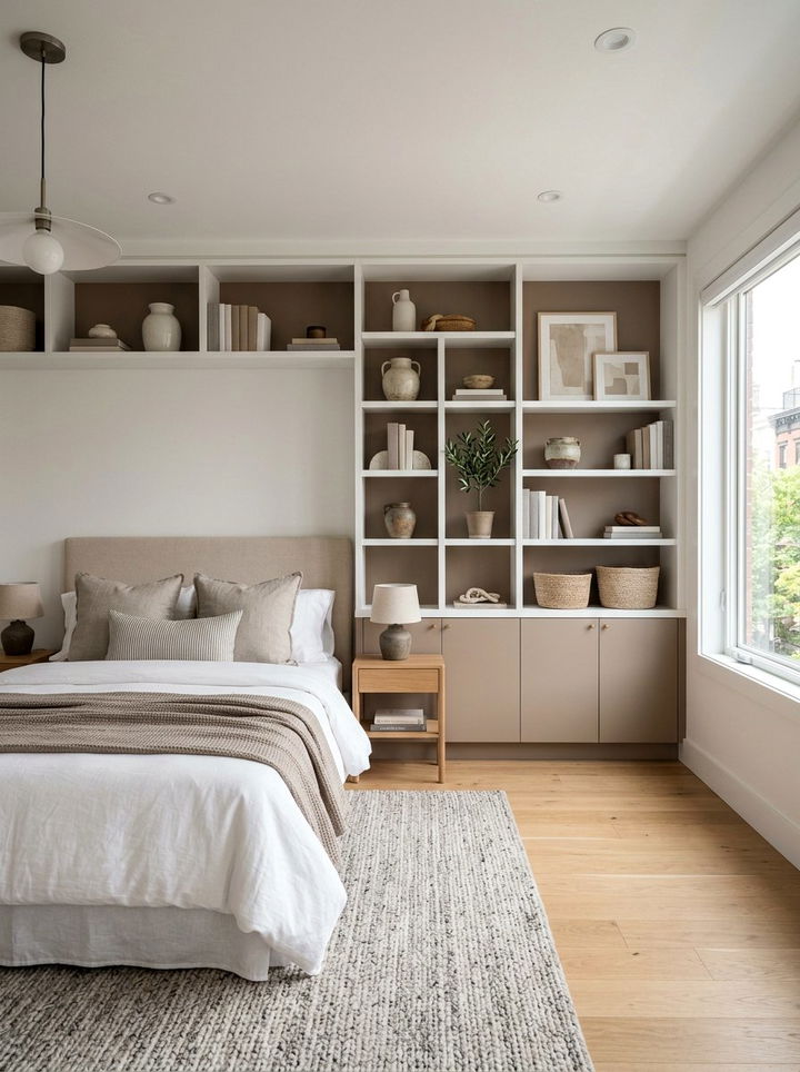 Taupe And White Bedroom With Built In Shelving - 30 taupe and white bedroom ideas