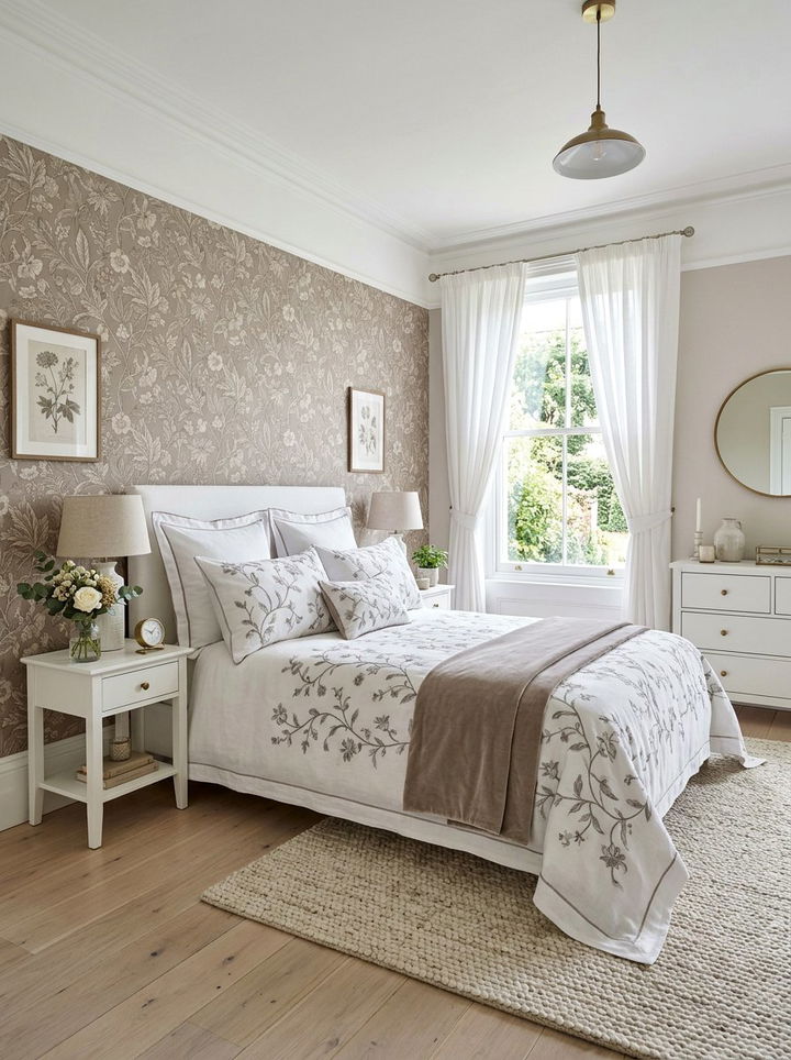 Taupe And White Bedroom With Floral Patterns - 30 taupe and white bedroom ideas