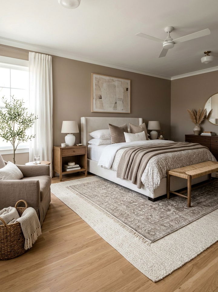 Taupe And White Bedroom With Layered Rugs - 30 taupe and white bedroom ideas