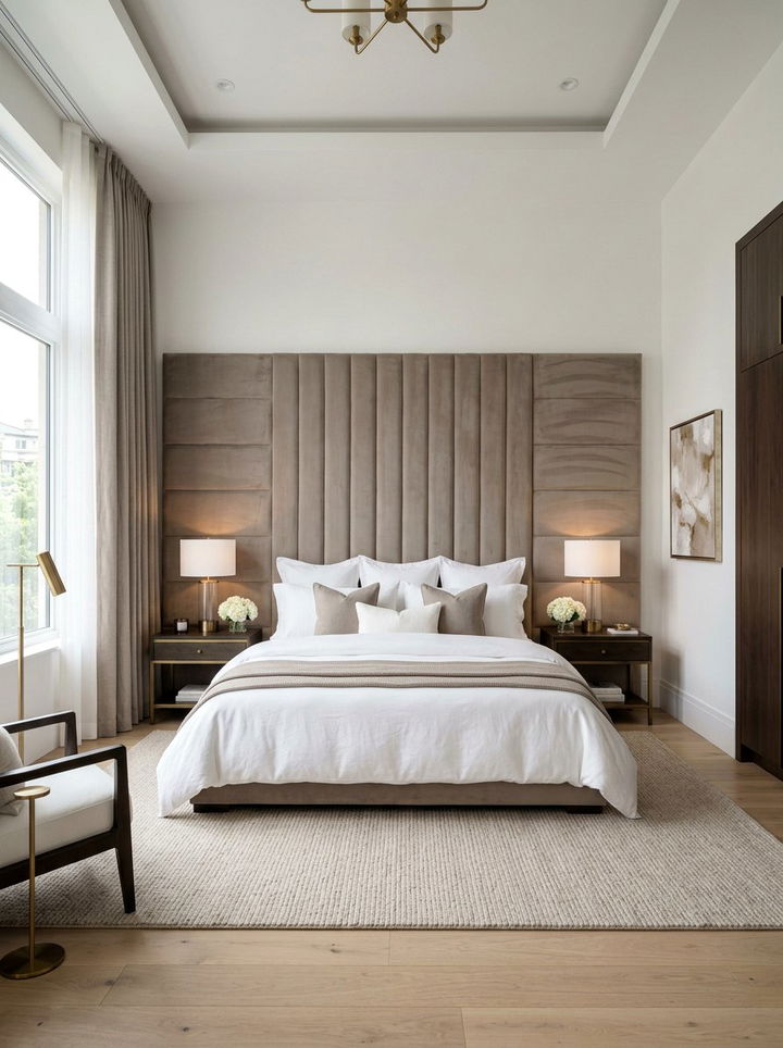 Taupe And White Bedroom With Oversized Headboard - 30 taupe and white bedroom ideas