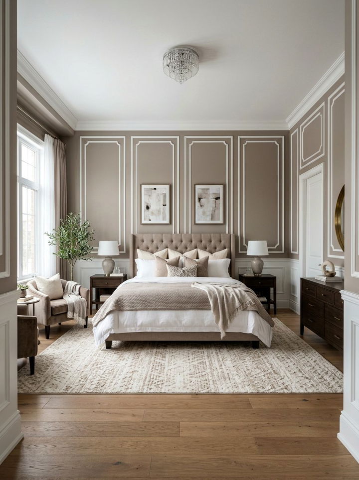 Taupe And White Bedroom With Wall Molding - 30 taupe and white bedroom ideas