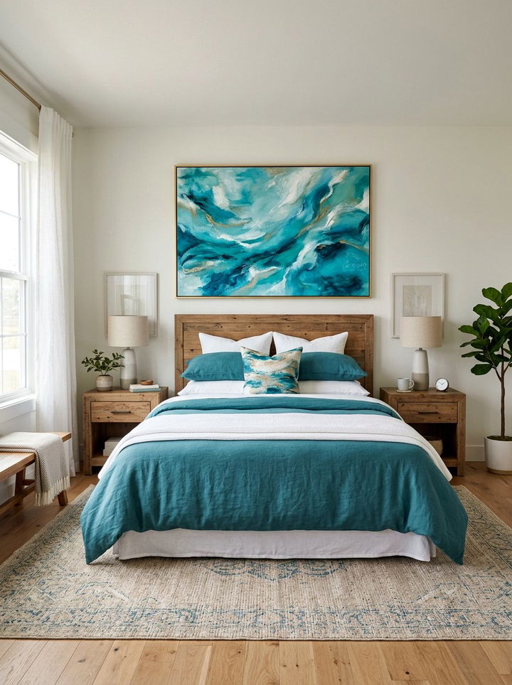 Teal Abstract Art Over Bed - 30 farmhouse teal bedroom ideas
