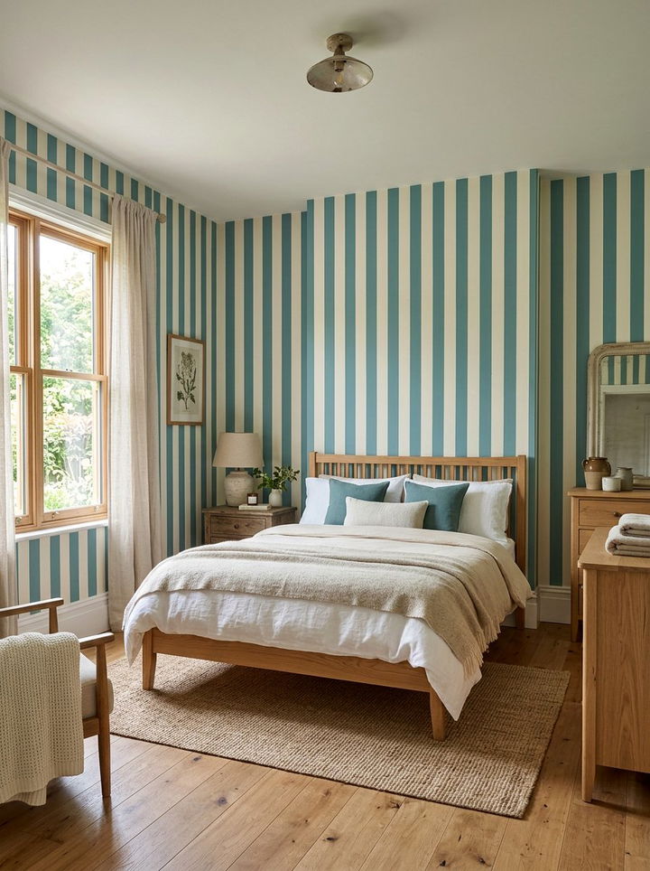 Teal And Cream Striped Walls - 30 farmhouse teal bedroom ideas