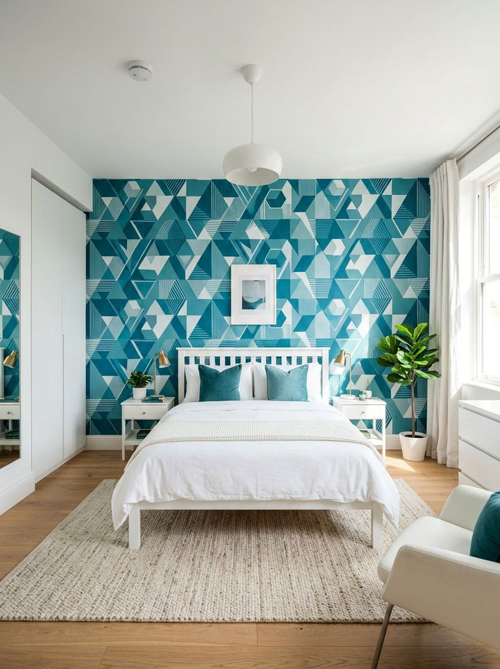 Teal And White Geometric Wallpaper Bedroom - 30 teal and white bedroom ideas