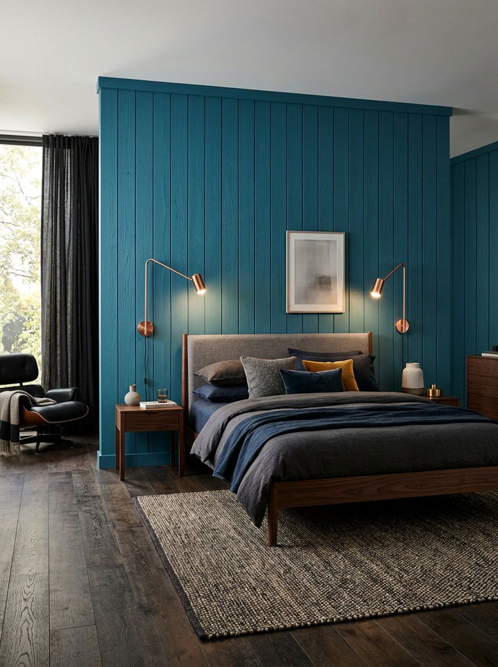 Teal Blue Wood Paneled Wall - 30 rustic blue bedroom ideas