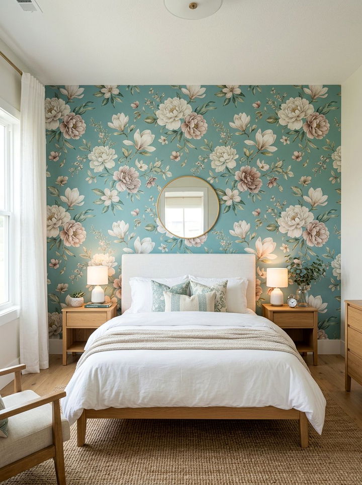 Teal Floral Pattern Wallpaper - 30 farmhouse teal bedroom ideas