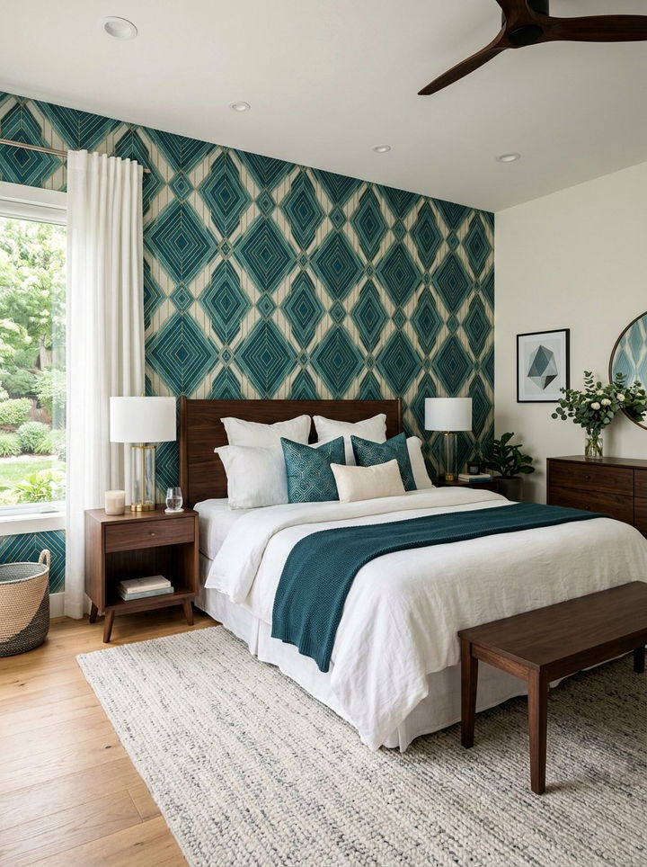 Teal Geometric Accent Wallpaper - 30 bedroom geometric wallpapers