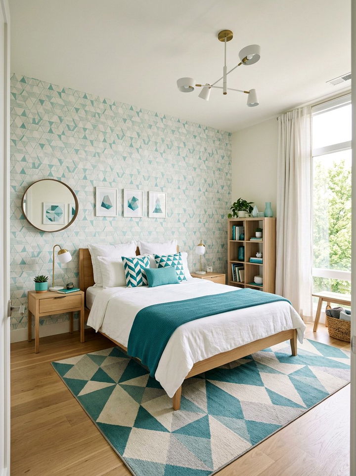 Teal Geometric Pattern Bedroom - 30 scandinavian teal bedroom ideas