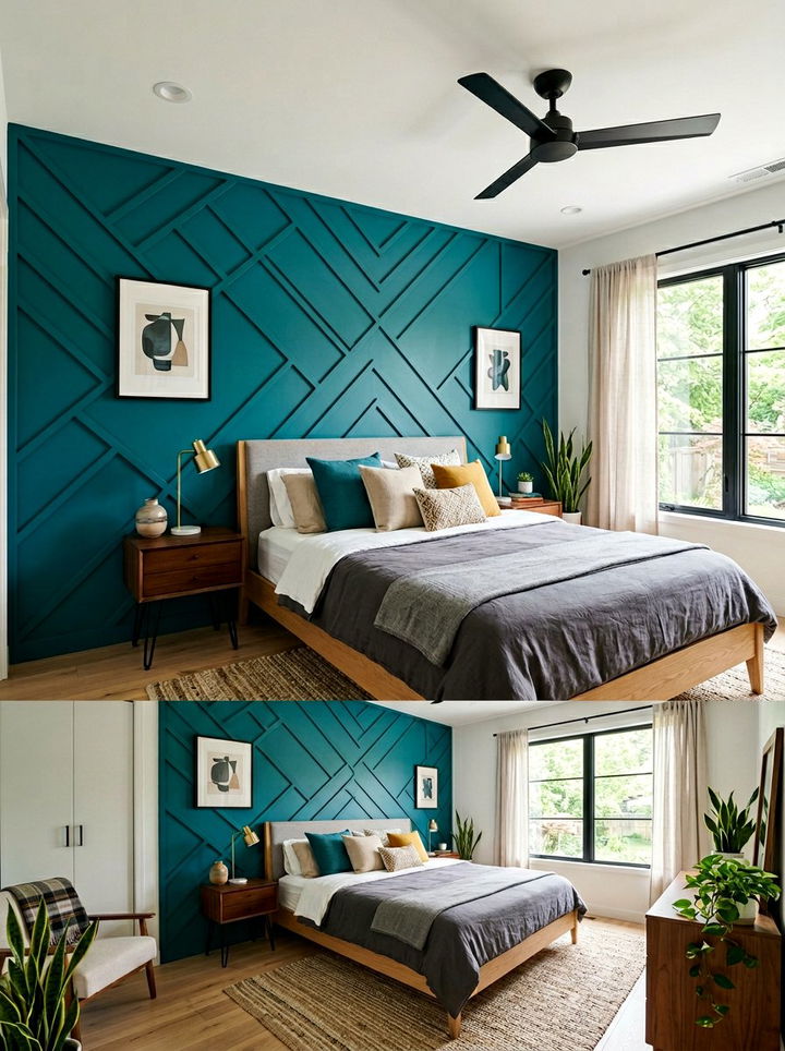 Teal Geometric Wall Paneling - 30 bedroom wainscoting ideas