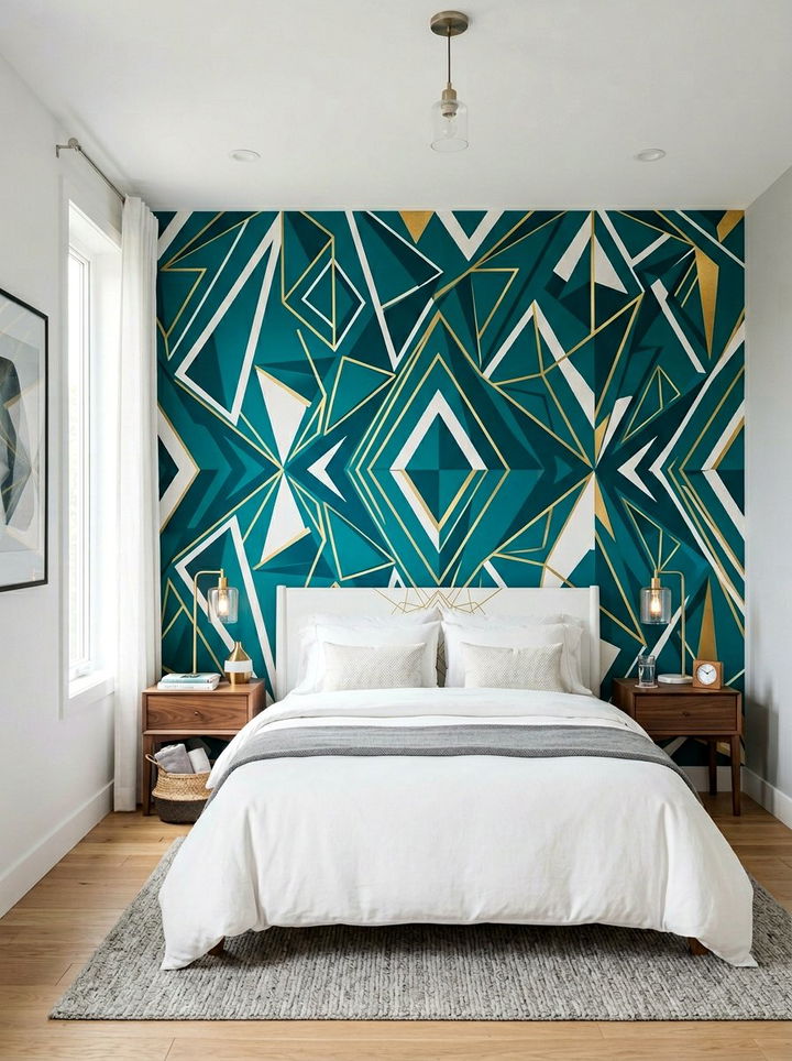 Teal Geometric Wallpaper Accent - 30 teal bedroom decor ideas