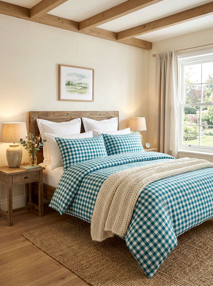 Teal Gingham Bedding Set - 30 farmhouse teal bedroom ideas