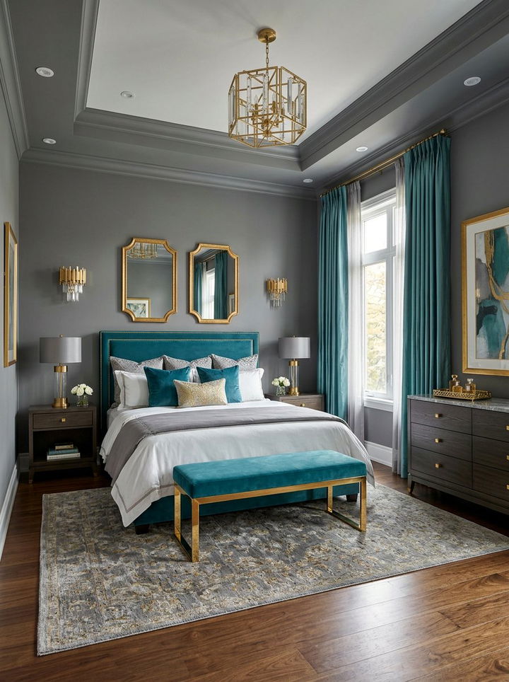 Teal Gray and Gold Accents - 30 teal and gray bedroom ideas