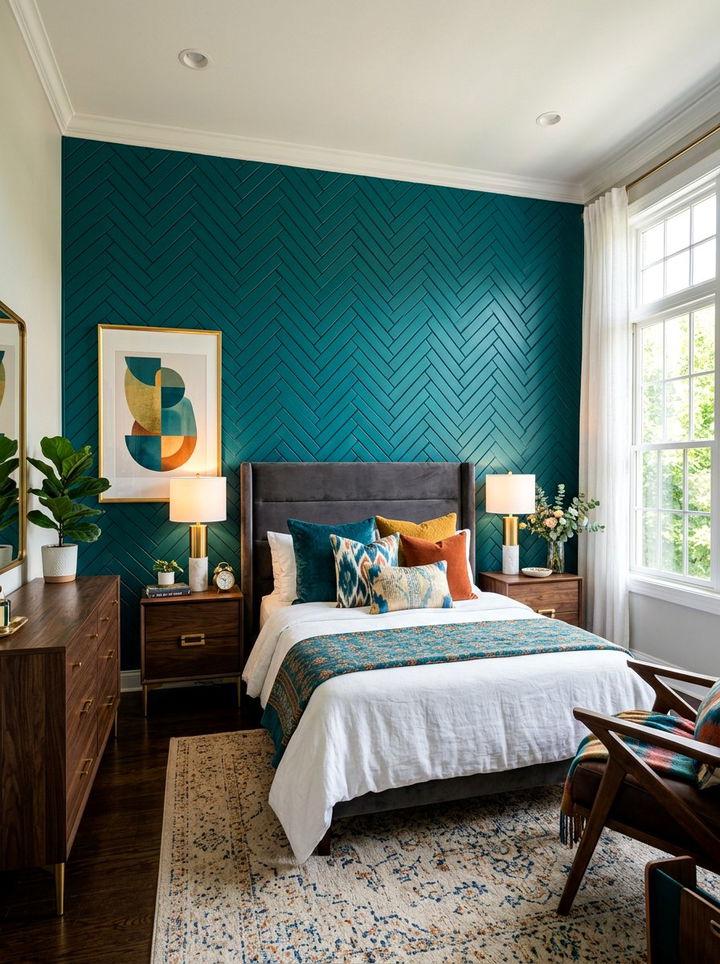 Teal Herringbone Wall - 30 bedroom herringbone wall ideas