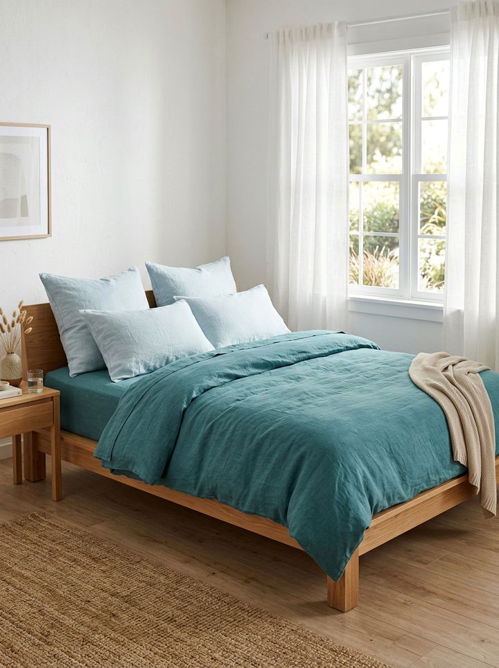 Teal Linen Bedding Set - 30 scandinavian teal bedroom ideas