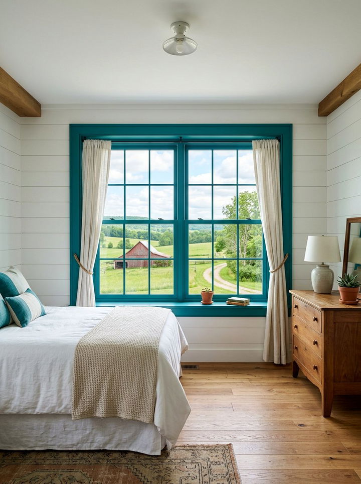 Teal Painted Window Trim - 30 farmhouse teal bedroom ideas