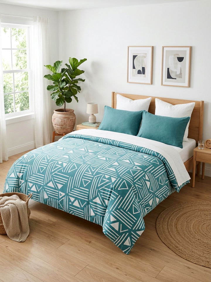 Teal Patterned Bedding Set - 30 scandinavian teal bedroom ideas