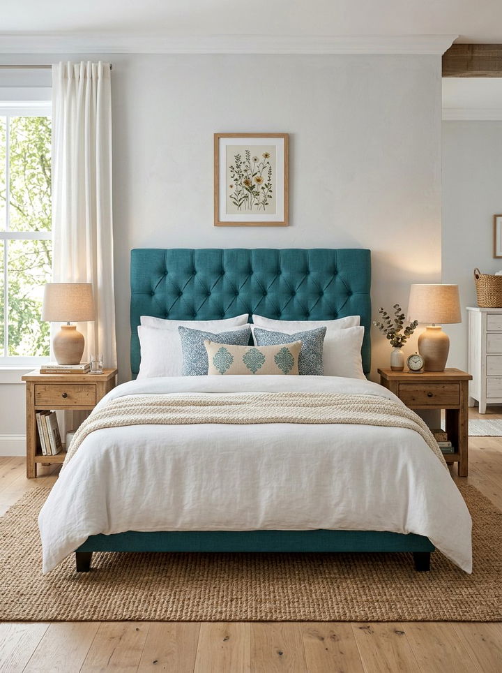 Teal Upholstered Headboard - 30 farmhouse teal bedroom ideas