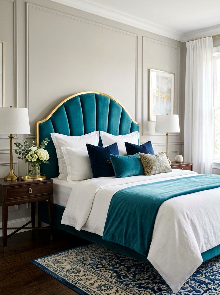 Teal Velvet Arched Headboard - 30 bedroom upholstered headboards
