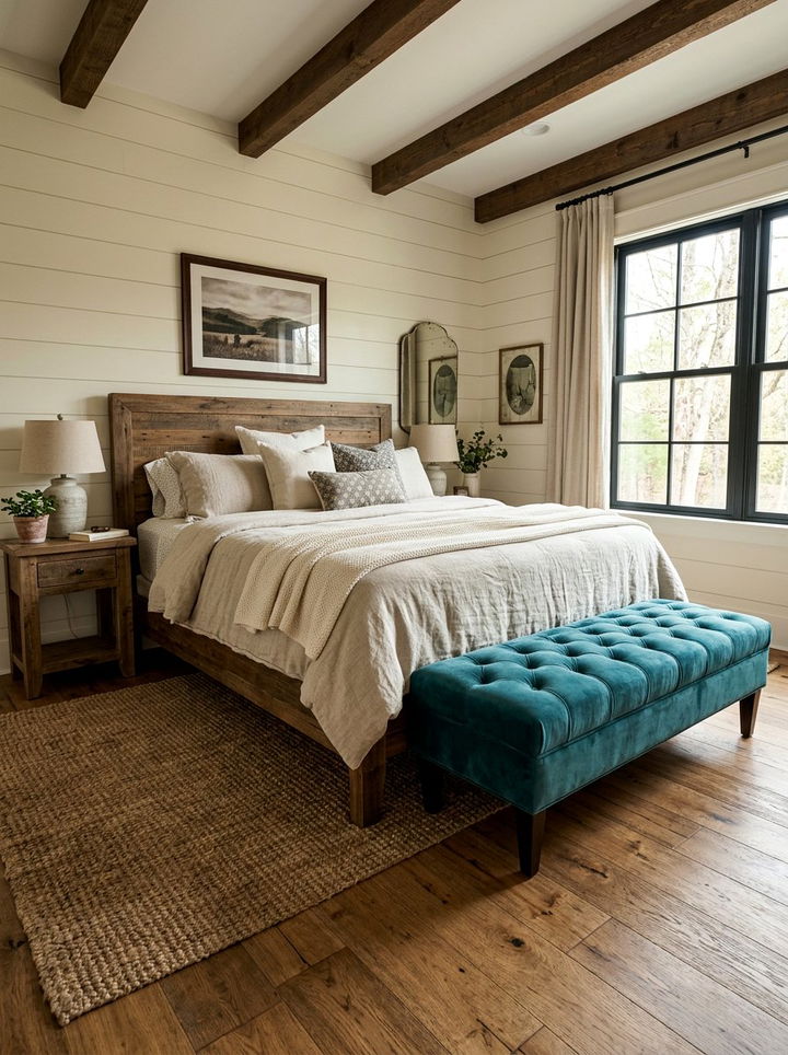 Teal Velvet Bench At Bed Foot - 30 farmhouse teal bedroom ideas