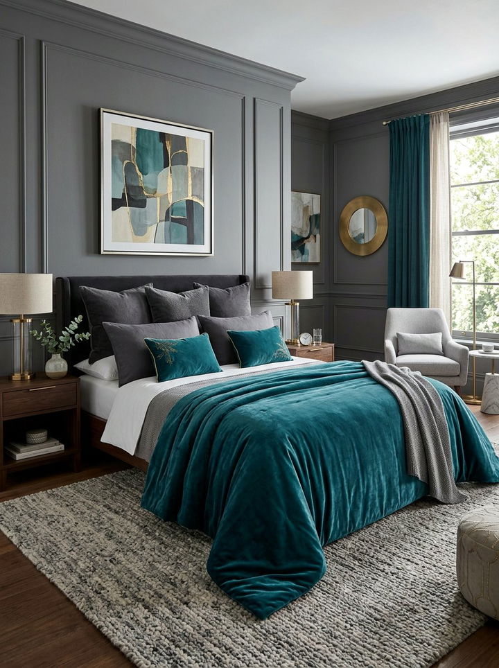 Teal Velvet Comforter - 30 teal and gray bedroom ideas