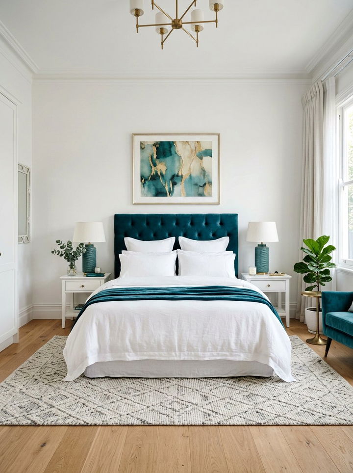 Teal Velvet Headboard Bedroom - 30 teal and white bedroom ideas