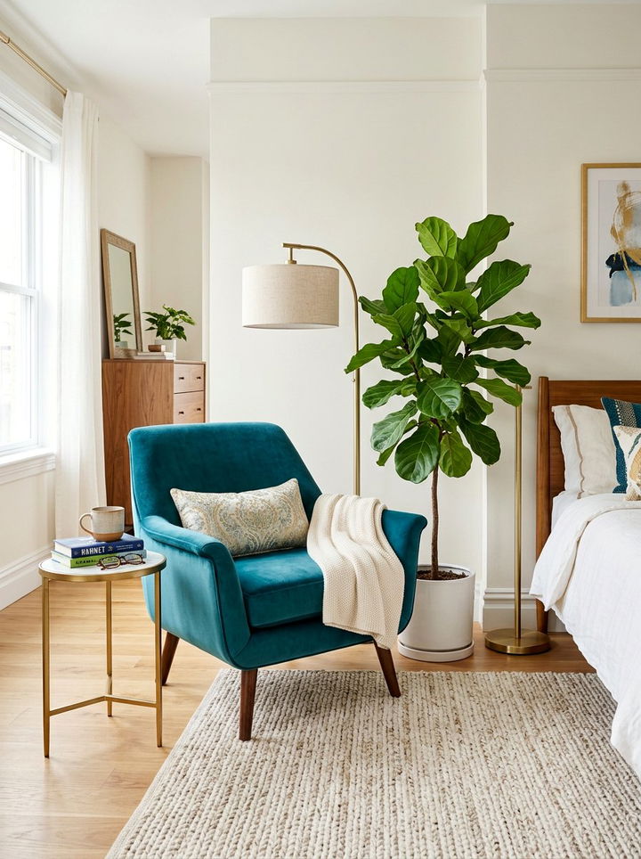 Teal Velvet Lounge Chair - 30 mid-century glam bedroom ideas