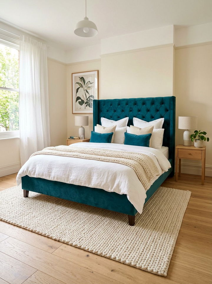 Teal Velvet Upholstered Bed - 30 teal bedroom decor ideas