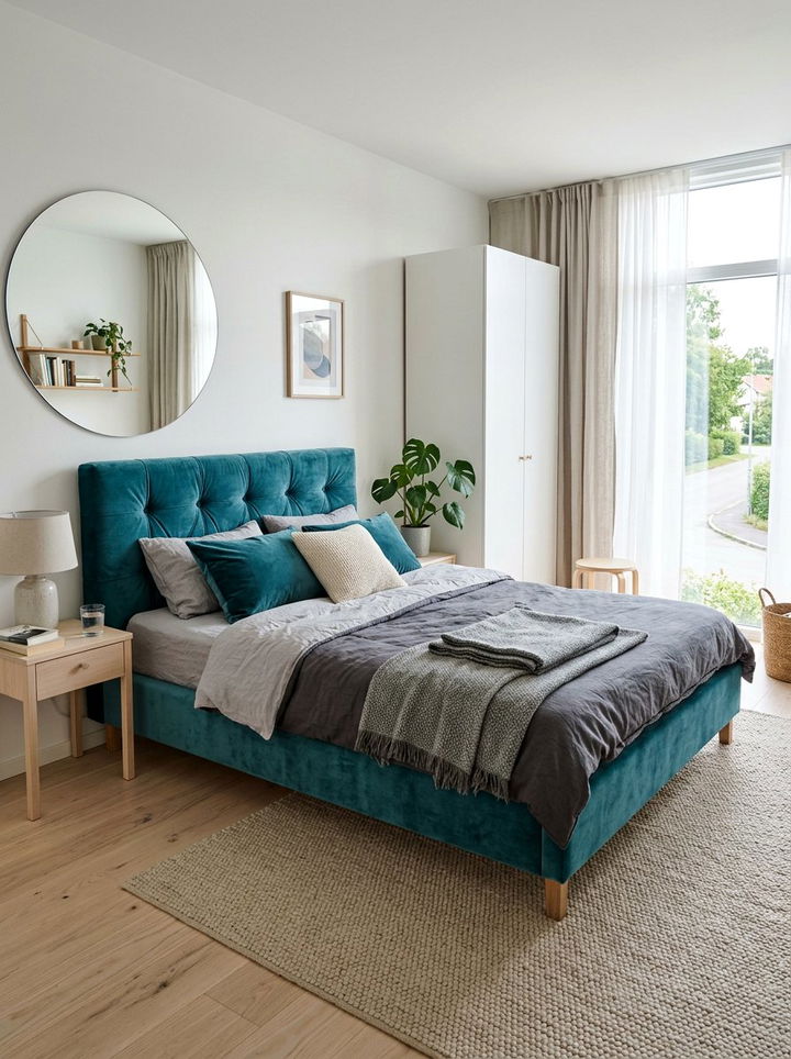 Teal Velvet Upholstered Bed - 30 scandinavian teal bedroom ideas