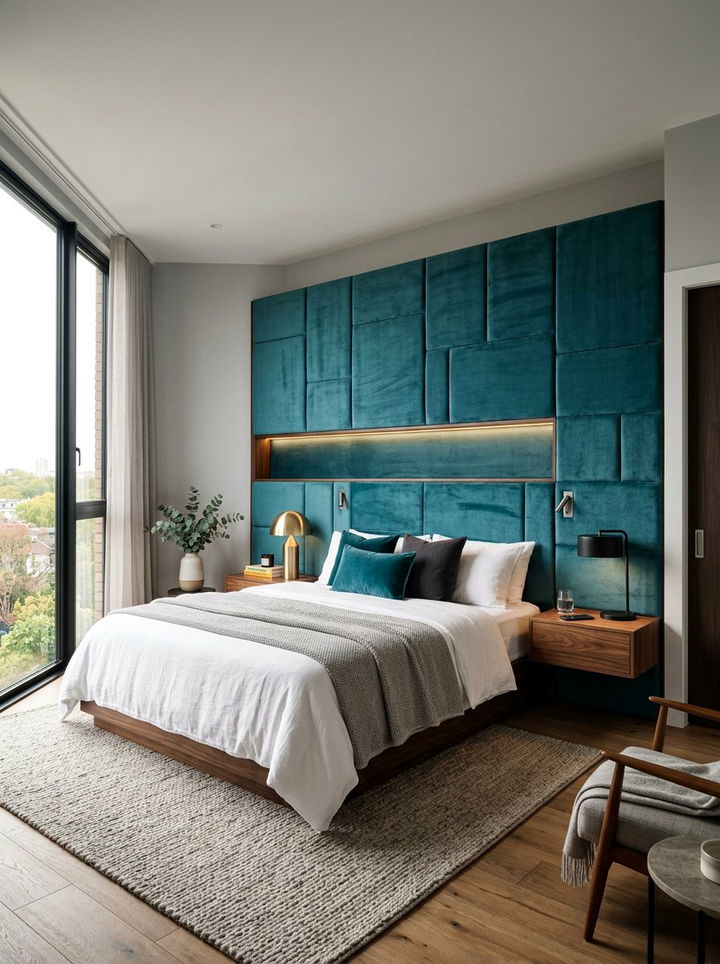 Teal Velvet Wall Panel Headboard - 30 bedroom velvet headboards