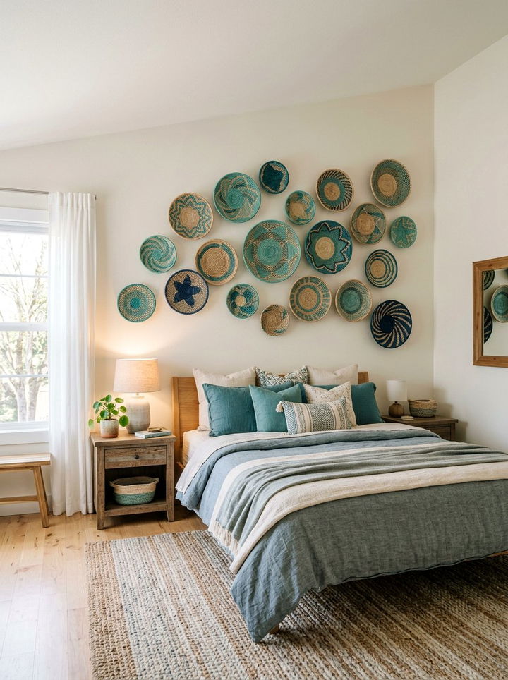 Teal Woven Basket Decor - 30 farmhouse teal bedroom ideas