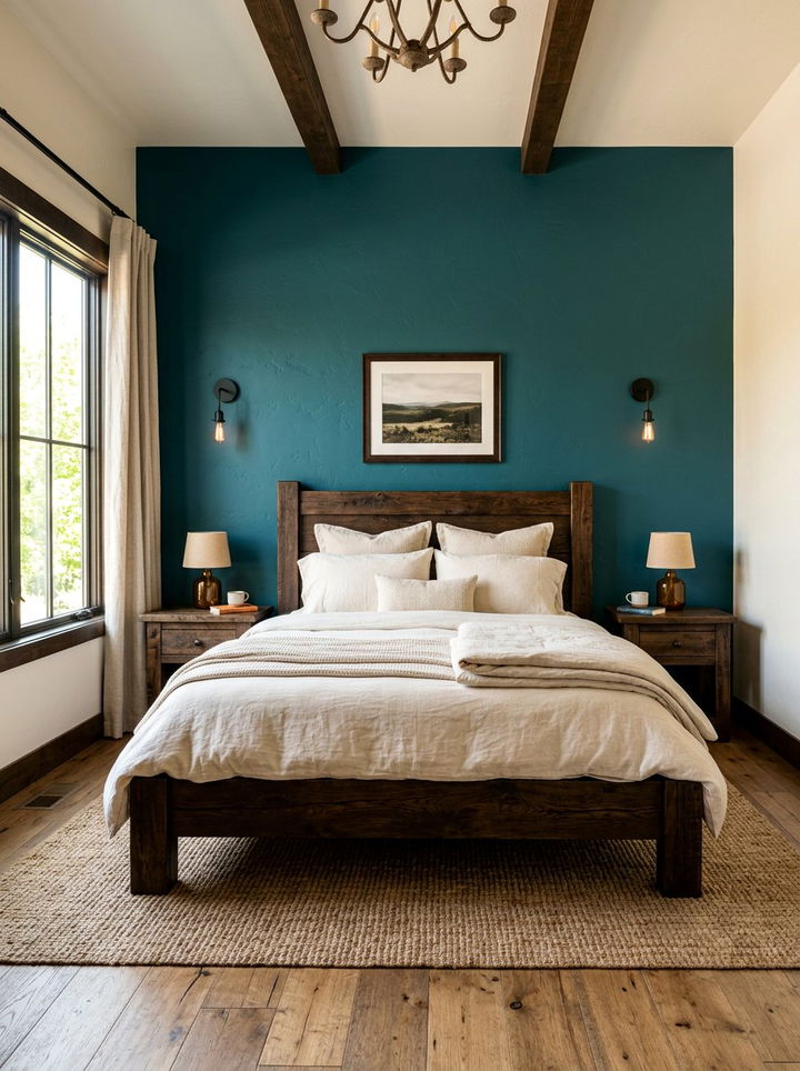 Teal accent wall rustic bedroom - 30 rustic teal bedroom ideas