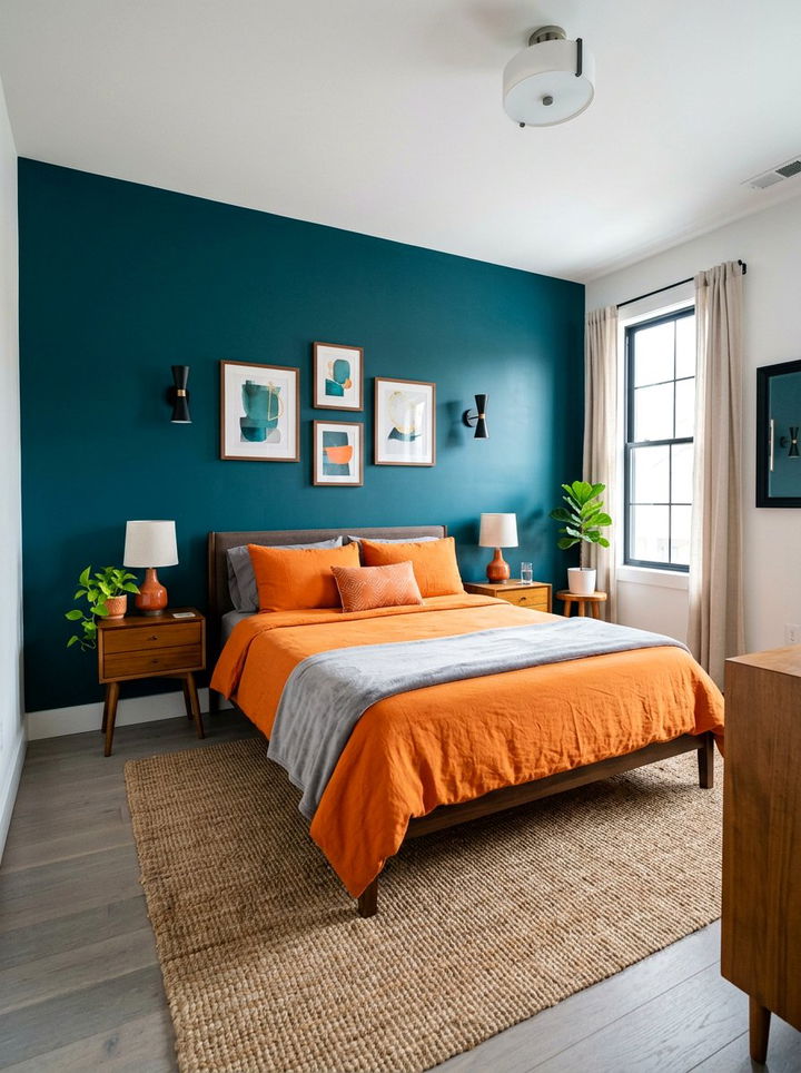 Teal accent wall with orange bedding - 30 teal and orange bedroom color combo
