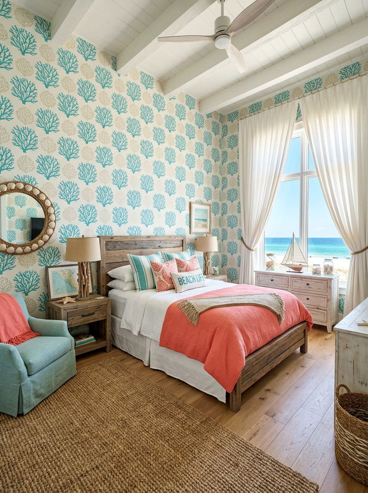 Teal and Coral Beach Wallpaper - 30 bedroom tropical wallpapers