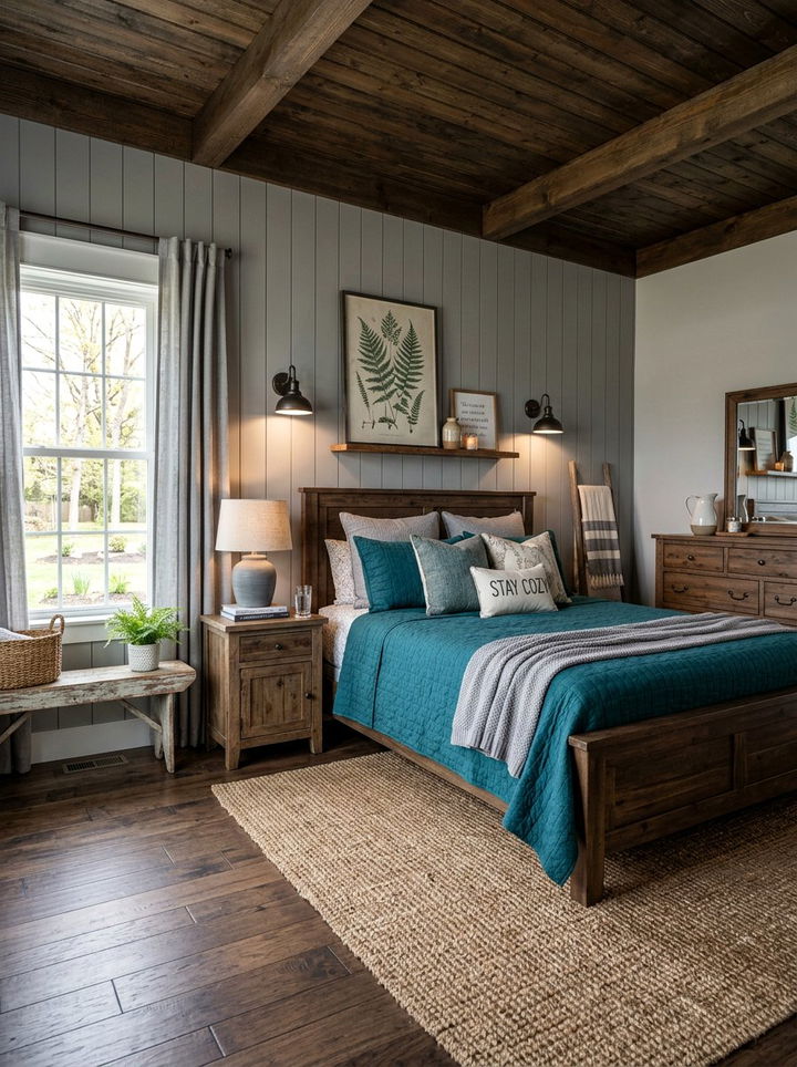 Teal and Gray Farmhouse Bedroom - 30 teal and gray bedroom ideas