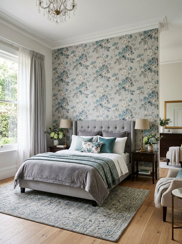 Teal and Gray Floral Wallpaper - 30 teal and gray bedroom ideas