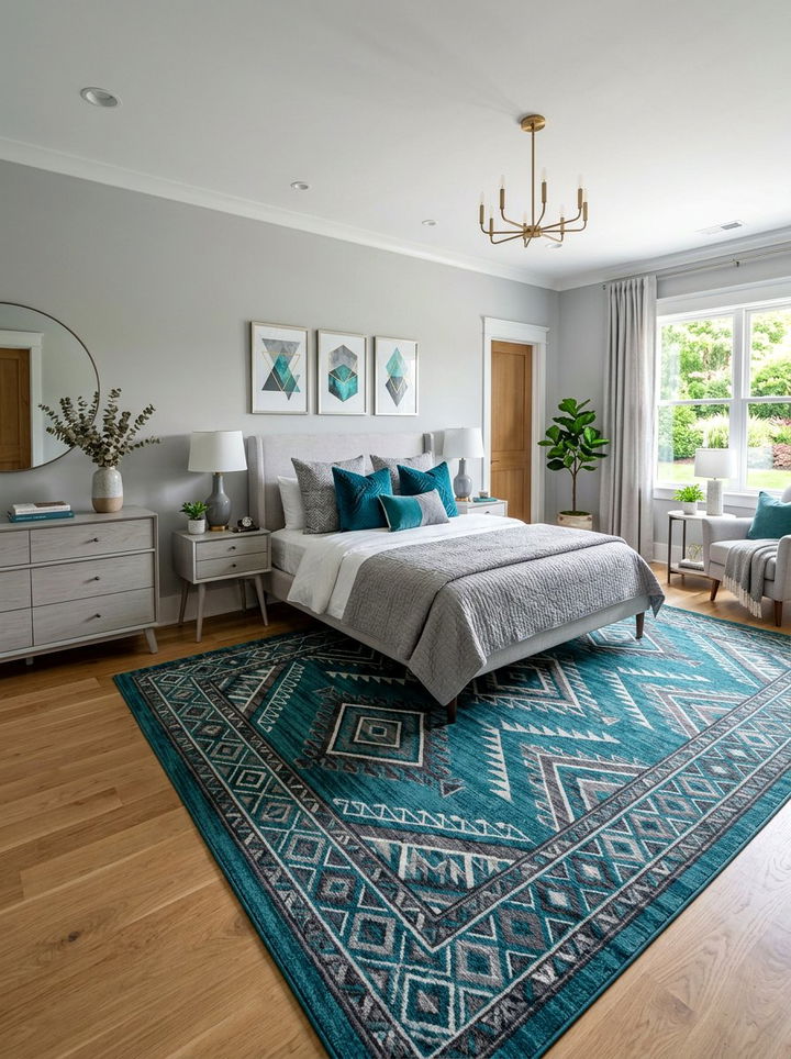 Teal and Gray Geometric Rug - 30 teal and gray bedroom ideas