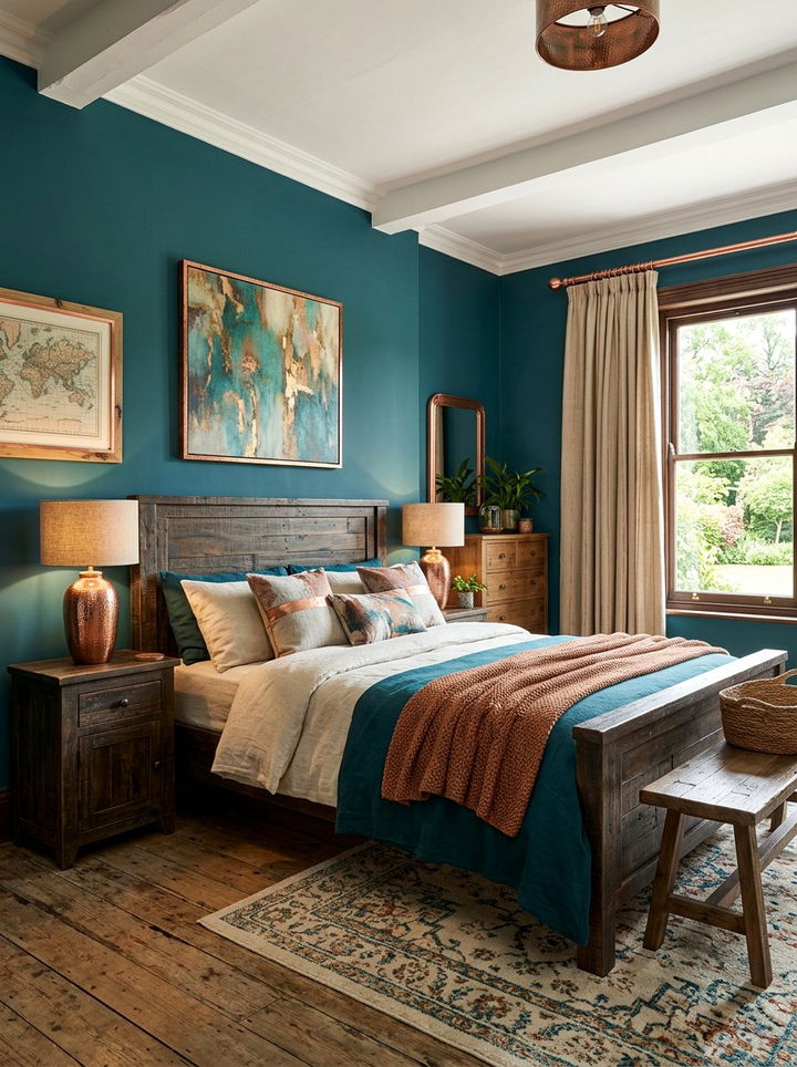 Teal and copper rustic bedroom - 30 rustic teal bedroom ideas