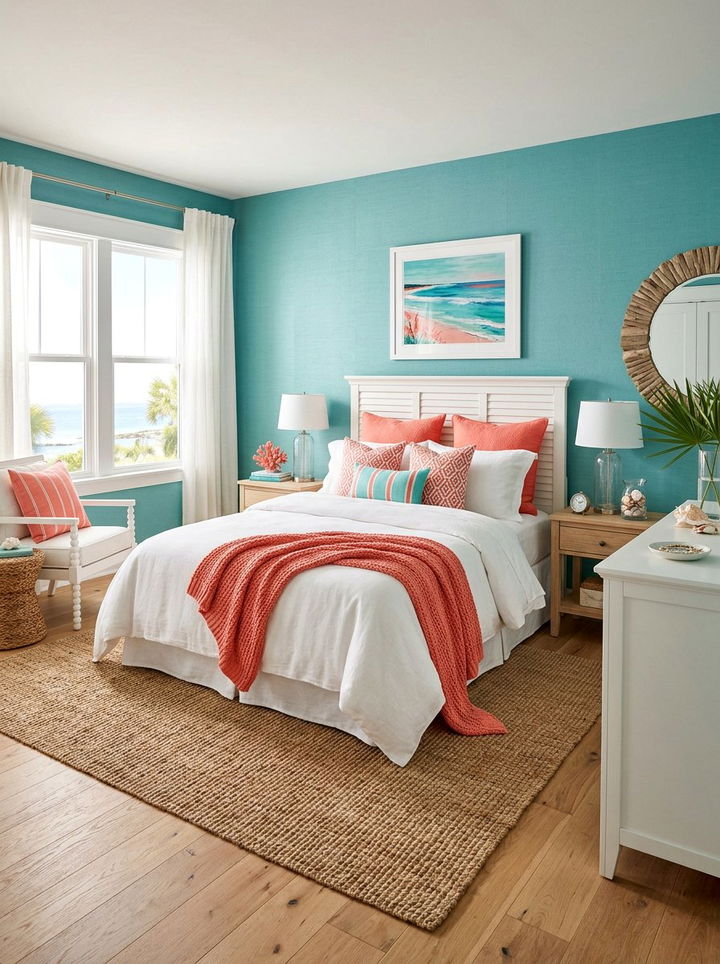 Teal and coral coastal bedroom - 30 coastal teal bedroom ideas