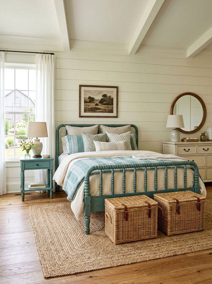 Teal and cream farmhouse bedroom - 30 rustic teal bedroom ideas