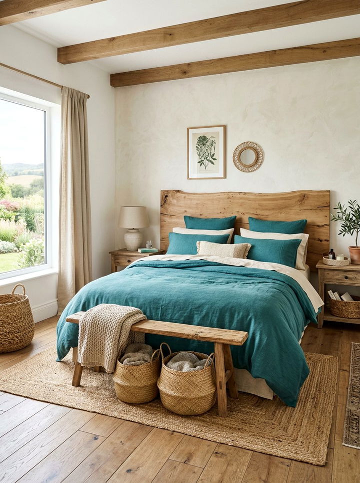 Teal and linen rustic bedroom - 30 rustic teal bedroom ideas