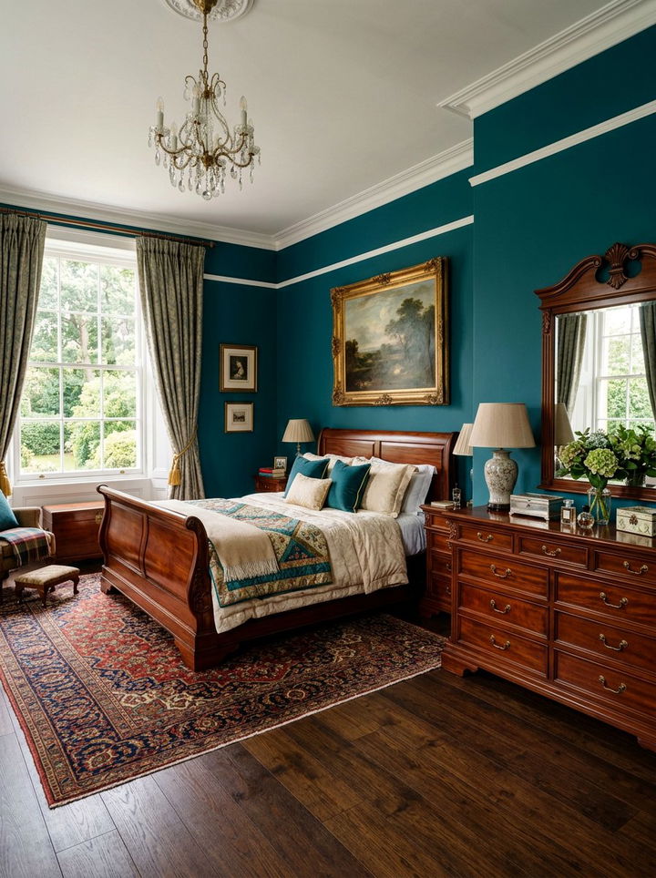 Teal and mahogany wood - 30 traditional teal bedroom ideas