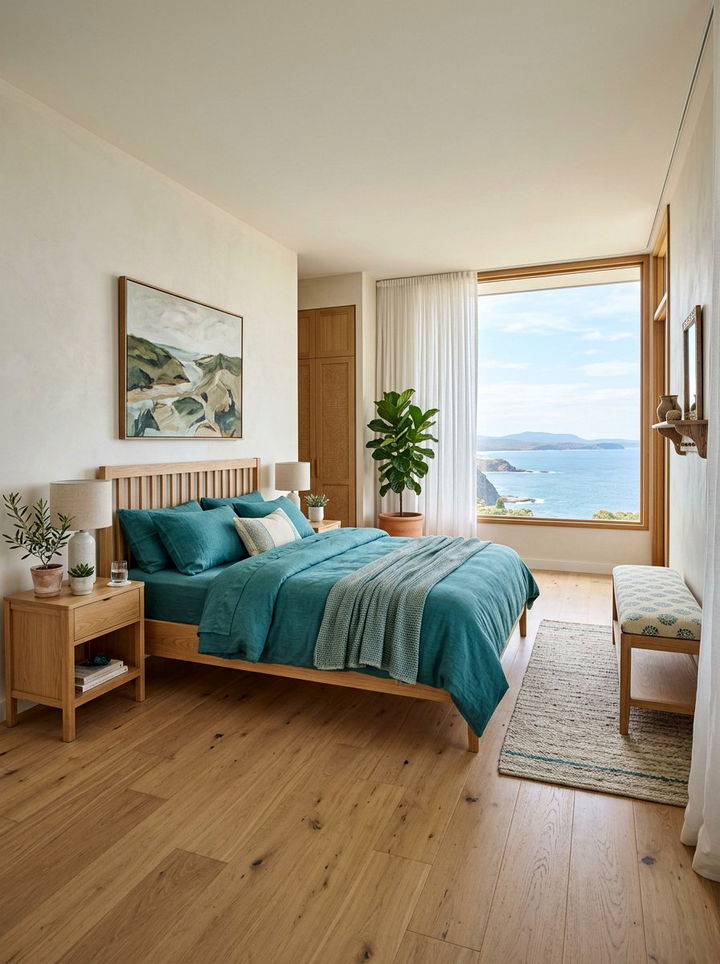 Teal and natural wood bedroom - 30 coastal teal bedroom ideas