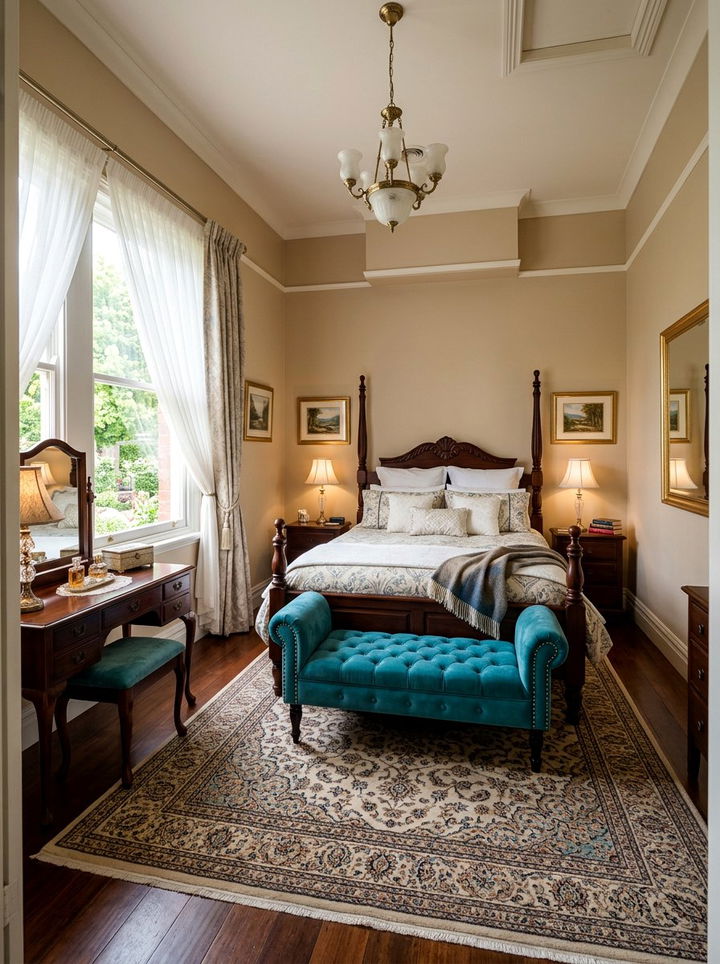 Teal bench at foot of bed - 30 traditional teal bedroom ideas